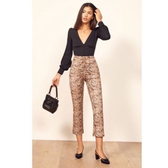 Reformation Marlon Brown Pants Sneak Print Ankle Cropped Size 0 - Picture 4 of 8